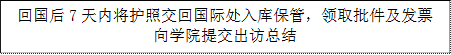 回国后7天内将护照交回国际处入库保管，领取批件及发票向91吃瓜
提交出访总结